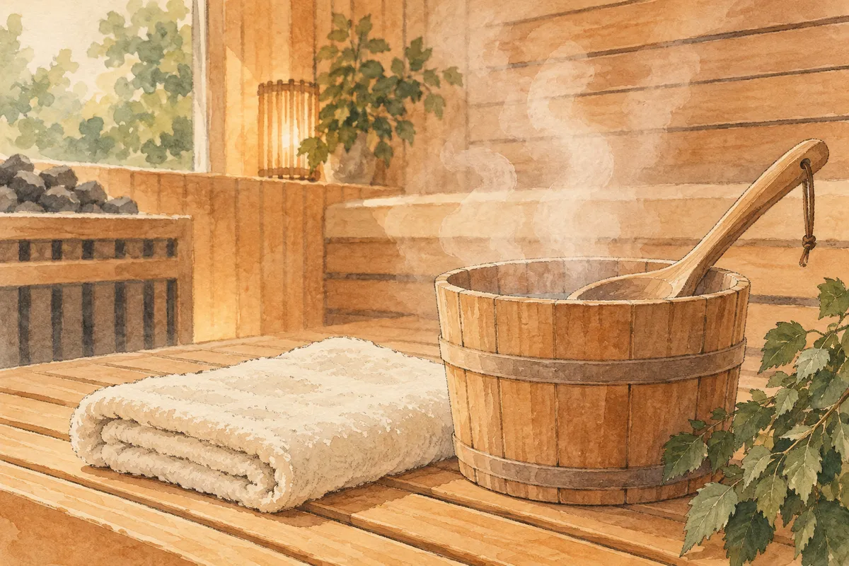 タオルとサウナの道具を描いたイメージイラスト