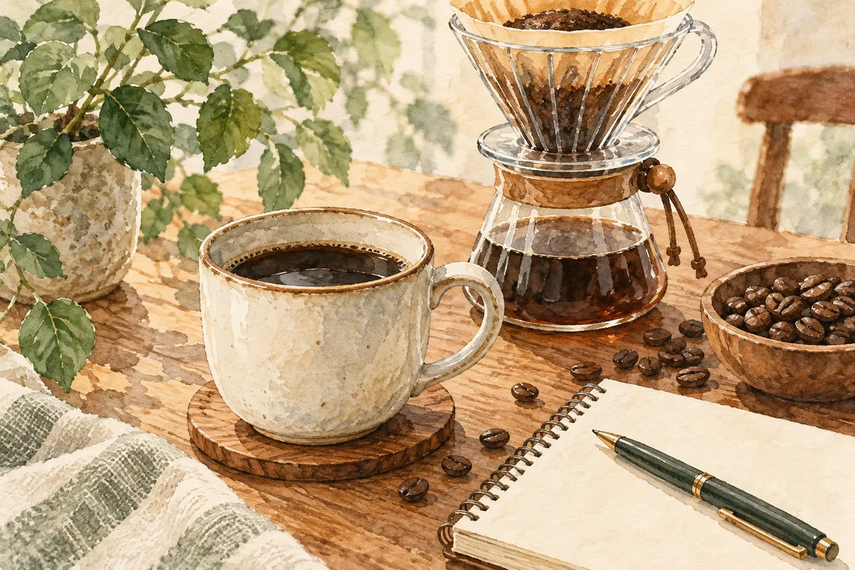 コーヒーと道具を描いたイメージイラスト
