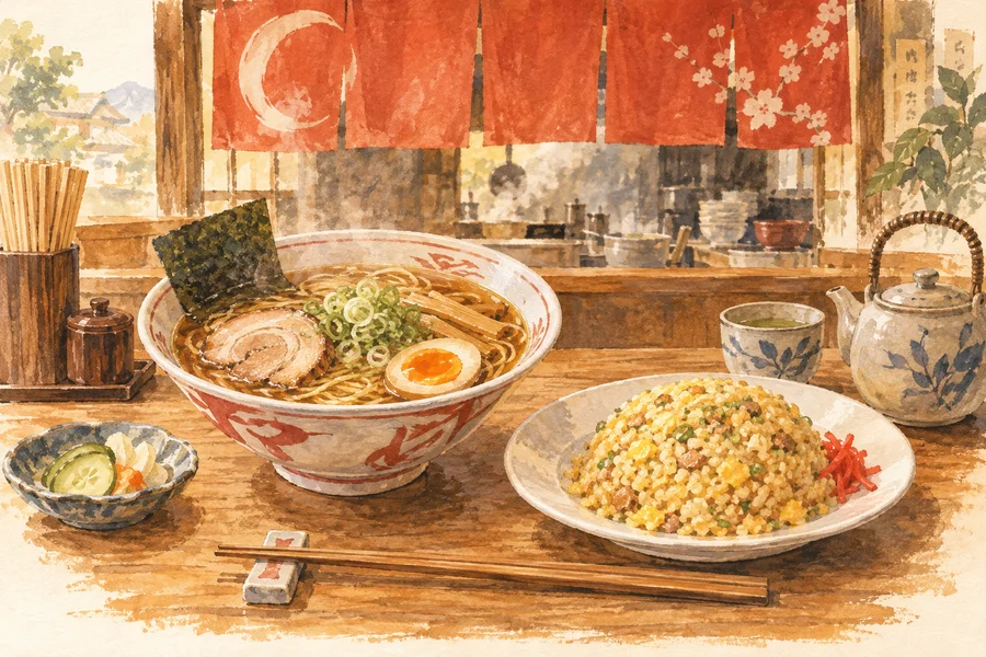 ラーメンやチャーハンが並ぶ食堂を描いたイラスト