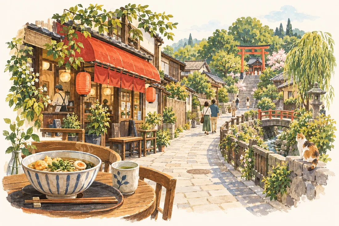 食堂や緑のある街並みを散歩する人々を描いたイラスト
